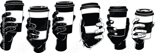 Monochrome illustration showing hand holding takeaway coffee cups with sleeves, for print projects