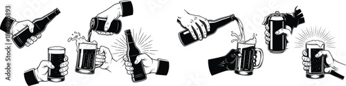 Monochrome illustrations showing hands holding beer bottles, cans, and filled glasses in retro style
