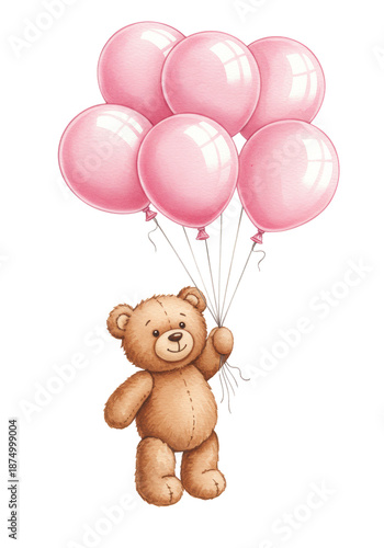 Cute watercolor plush brown teddy bear floating with pastel pink helium balloons, isolated on transparent background with copy space, visible stitched seams. concept of childhood celebration