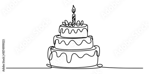 A continuous line art drawing of a three-tiered birthday cake with a candle on top Vector, illustration