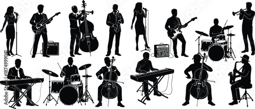Musical band silhouettes set, with singer, drummer, guitarist, and other musicians playing instruments