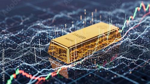 A gold bar marked XAUUSD sits on a glowing digital financial chart.
