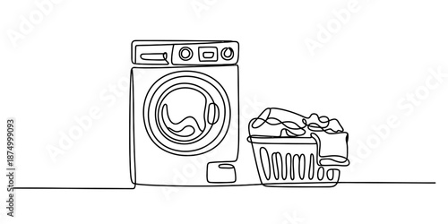 A minimalist single continuous line drawing depicting a washing machine and laundry basket Vector, illustration