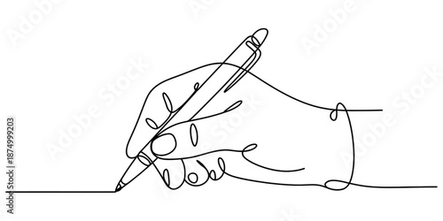 A continuous line art illustration showing a hand holding a pen and writing on a white background Vector, illustration