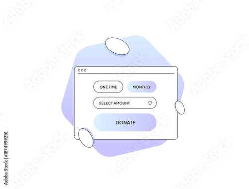 Online donation form appears in window with one time monthly options amount selection donate button representing charity fundraising philanthropy giving support technology concept vector illustration