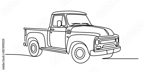 Minimalist continuous line art drawing depicting a classic vintage pickup truck Vector, illustration