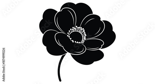 A striking black floral design showcases a beautifully detailed anenome flower in silhouette