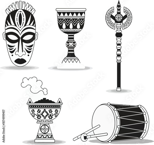 African tribal mask, drum and ritual objects