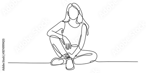 Continuous line art of a relaxed woman sitting on the floor in a casual pose Vector, illustration
