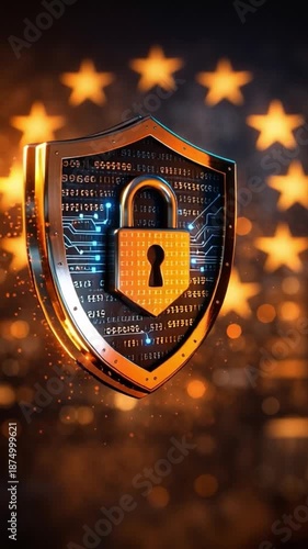 Glowing coin digital currency data privacy legislation global fintech blockchain cyber security shield lock secure network encryption compliance protection technology background icon symbol abstract