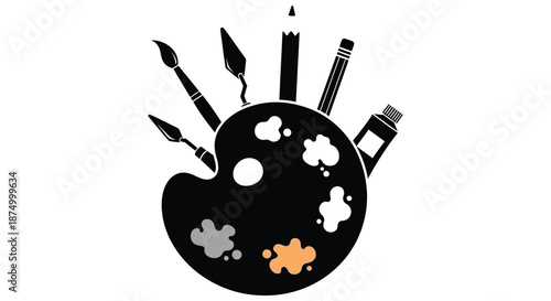 a striking black silhouette of art tools including brushes and a paint palette silhouette