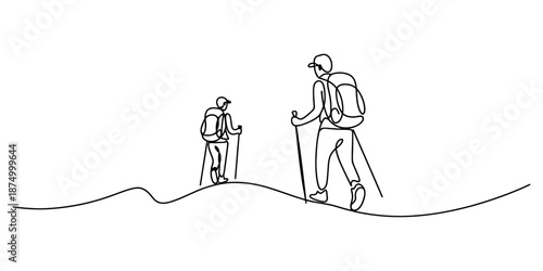 A continuous single line drawing of two hikers, an adult and a child, trekking through nature together Vector, illustration
