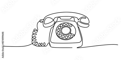 A minimalist single continuous line drawing of a retro rotary telephone, representing vintage communication Vector, illustration