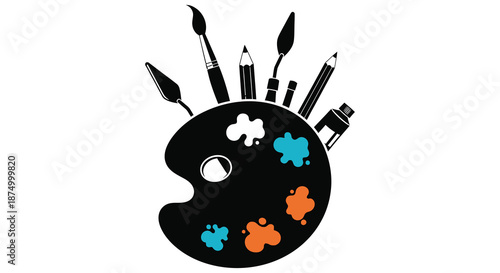 An artistic composition featuring paintbrushes pencils and a color palette in silhouette