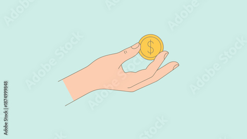 Human hand holds golden coin with dollar symbol against light blue background representing financial concept