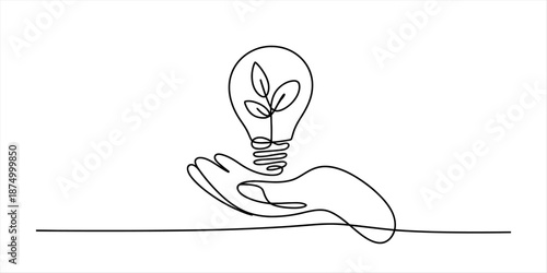 Continuous line drawing of hand holding light bulb with plant, symbolizing green energy innovation Vector, illustration