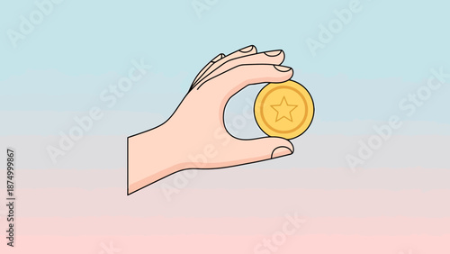 Close Up of a Person Holding a Round Golden Coin With Star Symbol Isolated on Soft Gradient Background