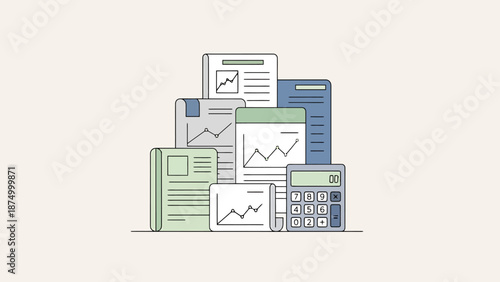 Financial Documents and Calculator Pile Representing Business Analytics and Economic Data Tracking for Growth Strategy