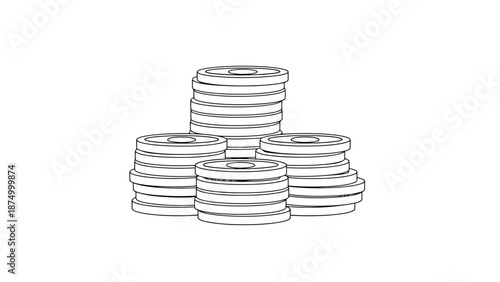Stack of metallic discs representing investment growth and financial wealth accumulation with white background simplicity