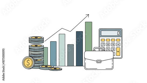 Financial Growth Increase Concept with Coins Calculator Briefcase and Upward Trend Bar Chart