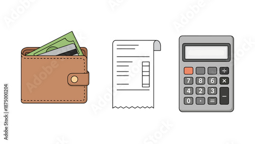 Financial Management Tools Including Wallet With Cash And Cards Receipt And Calculator For Business Finance And Accounting Concepts