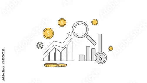 Financial Analysis Magnifying Glass Over Growing Business Chart with Currency Coins Illustrating Investment Growth and Profit Tracking Concepts