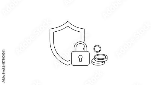 Financial Security Shield Icon Representing Protection of Funds and Investments with Lock and Coins Symbolizing Safe Transactions and Asset