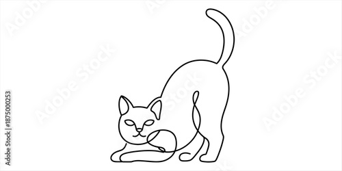 A minimalist continuous one line drawing of a cat stretching gracefully Vector, illustration