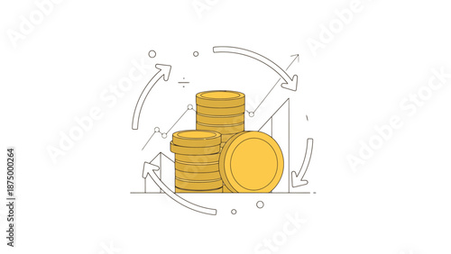 Financial Market Growth With Coin Stack Illustration And Moving Arrows Indicating Economic Trend Dynamics