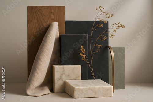 Elegant still life composition featuring natural materials wood, stone, marble, and linen fabric