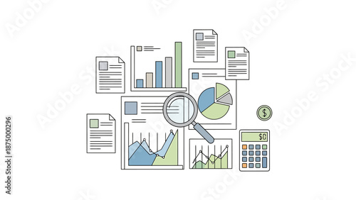 Business Data Analysis With Charts Graphs Magnifying Glass Calculator And Documents For Financial Performance Review And Reporting
