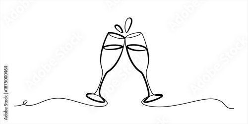 A minimalist single continuous line drawing capturing a festive toast with two champagne flutes clinking Vector, illustration