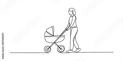 Single continuous line art drawing of a mother walking and pushing a baby stroller Vector, illustration