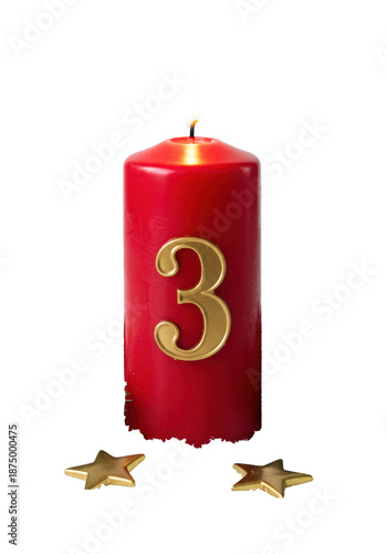 photorealistic close-up of a burning ruby-red advent pillar candle with a gold '3', surrounded by frosted pinecones and green fir sprigs on white snow, conceptual still life of the third sunday of