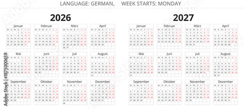 German calendar for 2026 and 2027. Vector year illustrations Germany