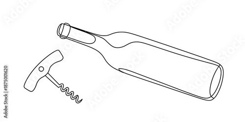 Minimalist continuous line drawing of a wine bottle and a corkscrew ready for opening Vector, illustration