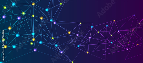 Neural network artificial intelligence technology low poly abstract background. Plexus neon glowing banner design