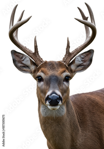 a majestic young buck deer looking intensely into the camera, detailed velvet antlers, short reddish coat, isolated on a transparent studio background. concept of wild nature vulnerability