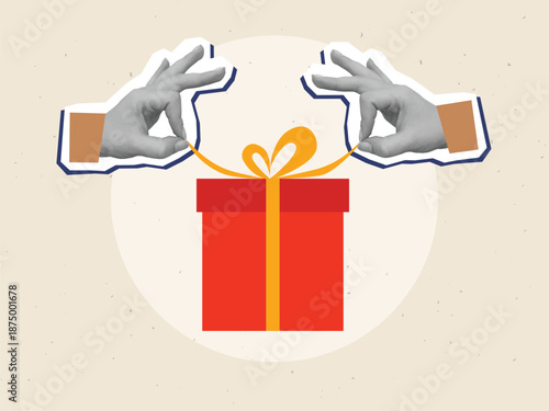 Black and white hands unties the bow on a red giftbox. Modern photo collage style. Vector illustration