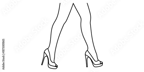 Minimalist black and white outline drawing of legs walking in stiletto high heels Vector, illustration