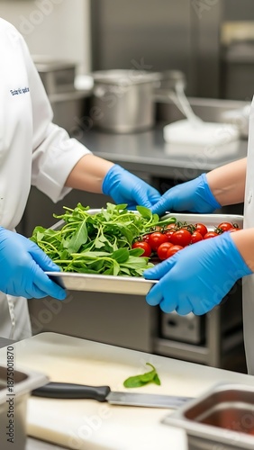 Two people wearing blue gloves handling fresh greens and tomatoes in a kitchen