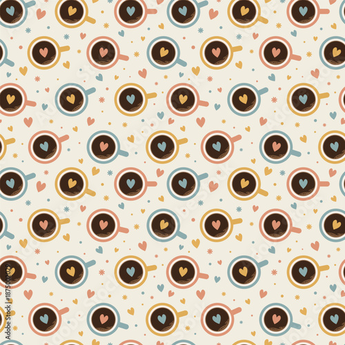 Vector illustration of a seamless pattern of coffee cups with colorful hearts on a yellow background.