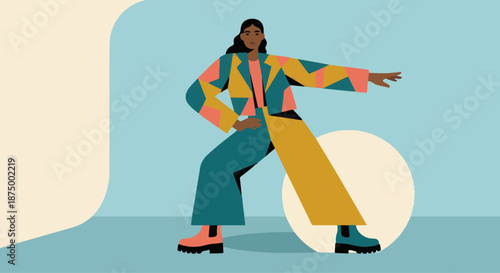 Fashion Model Posing
A flat vector illustration of a fashion model posing confidently for a photoshoot. The model wears stylish modern clothing. Simple studio background. 