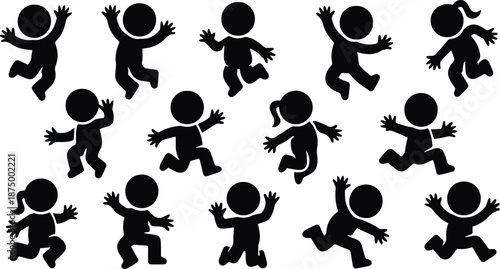 Playful Human Silhouette Jumping Pose Set, Flat Vector People Icons for Energy, Excitement, Freedom and Positive Emotion Illustration