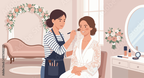 Makeup Artist Bridal Makeup

A flat vector illustration of a makeup artist applying bridal makeup. Elegant accessories and soft decor visible. Flat vector style, refined and romantic theme.