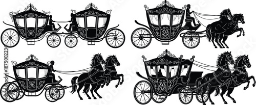 Ornate horsedrawn carriage silhouette set with coachman, vintage fairytale transport and wedding design elements