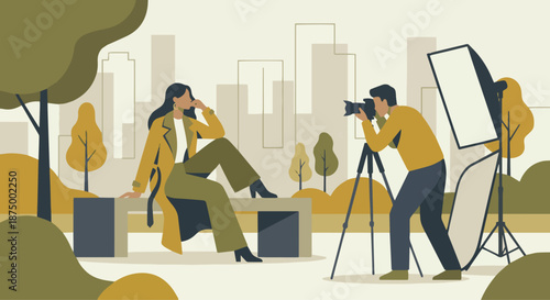  Model Outdoor Photoshoot
A flat vector illustration of a model posing outdoors for a photoshoot. Urban or natural background with minimal details. Flat vector style, modern and lifestyle-focused.