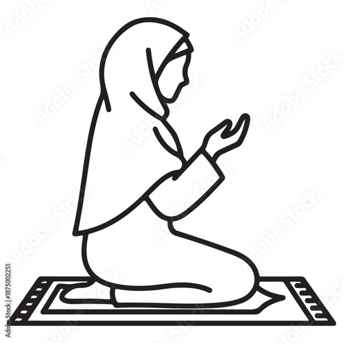 Outline Illustration of Woman in Hijab Praying on Rug