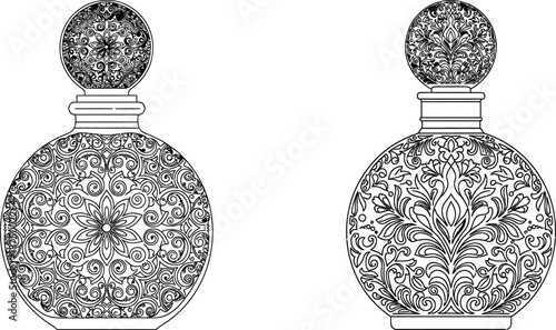 Ornate perfume bottles with floral motifs and decorative stoppers in a line art style