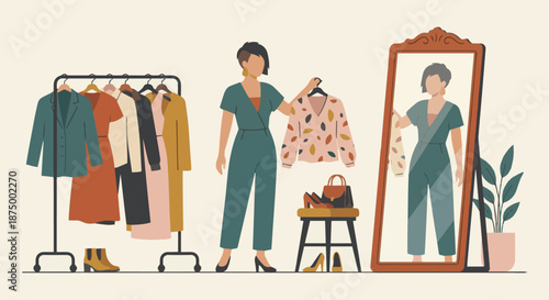 4. Model Changing Outfits
A flat vector illustration of a model standing near a clothing rack, changing or selecting outfits. Mirror and garments visible. Flat vector style, fashion workflow scene.